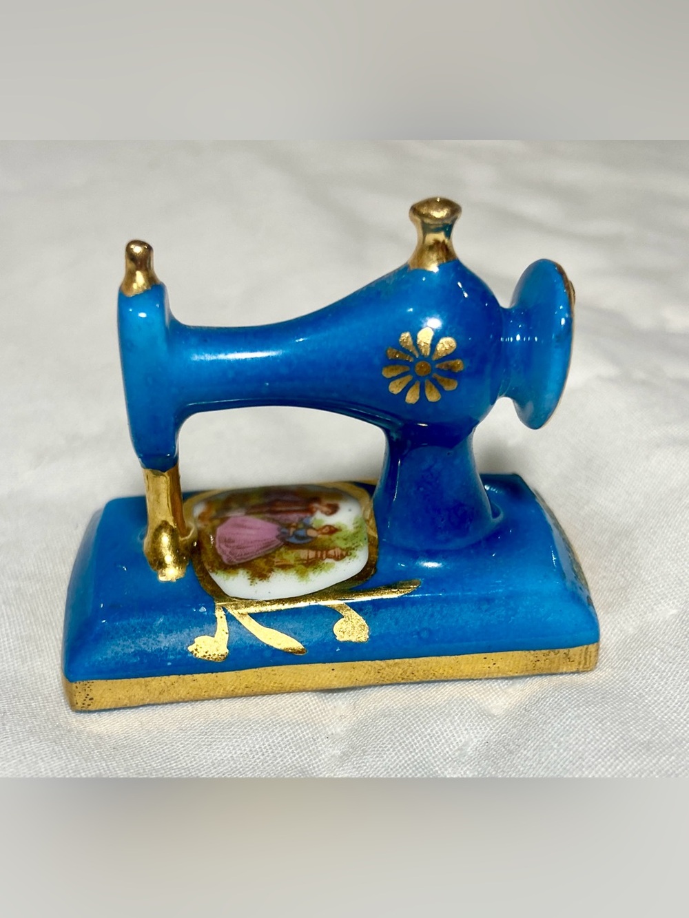 Miniature Limoges Porcelain Sewing Machine Blue and 22k Gold Scrollwork